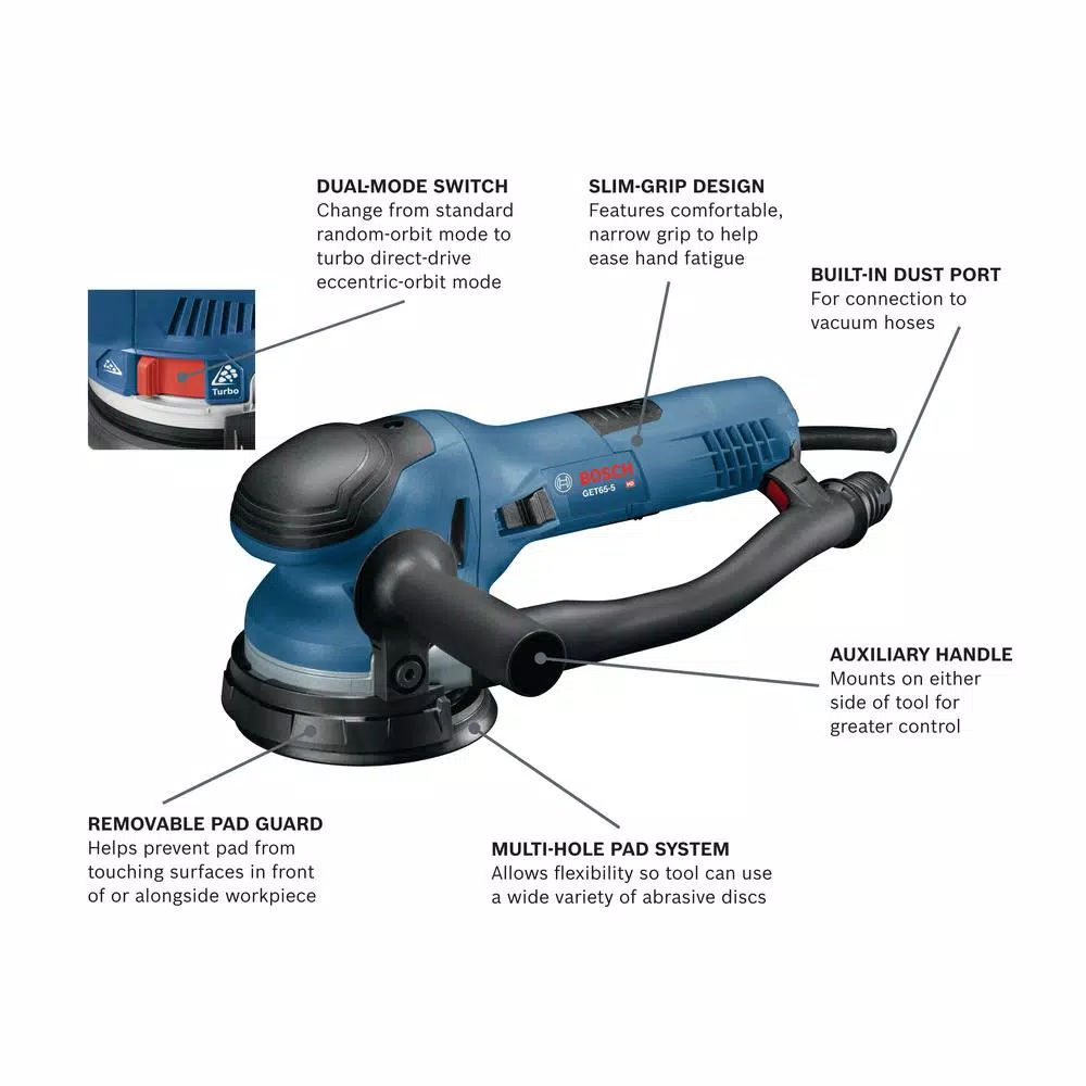 Bosch GET65-5N 5 in. Dual-Mode Random Orbit Sander, 6.5 Amp, Corded