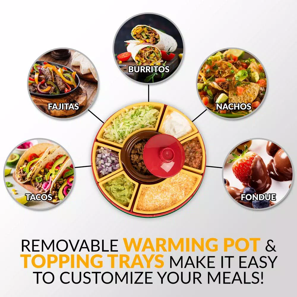 TACO TUESDAY Red Lazy Susan Taco Bar with 16 oz. Removable Warming Pot and 4 Taco Holders