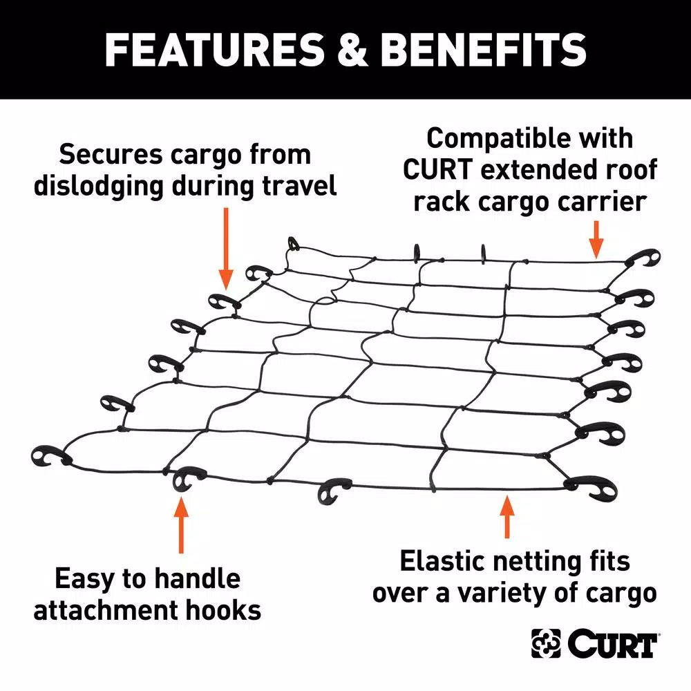 CURT 65" x 38" Extended Roof Rack Cargo Net, Black Nylon