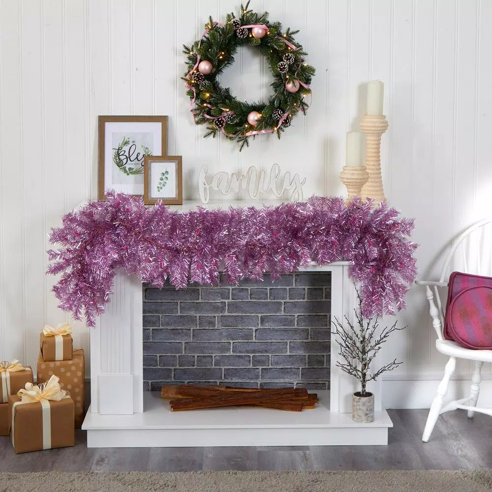Nearly Natural 6 ft. Pre-Lit Pink Flocked Artificial Christmas Pine Garland with 50 Warm White LED Lights