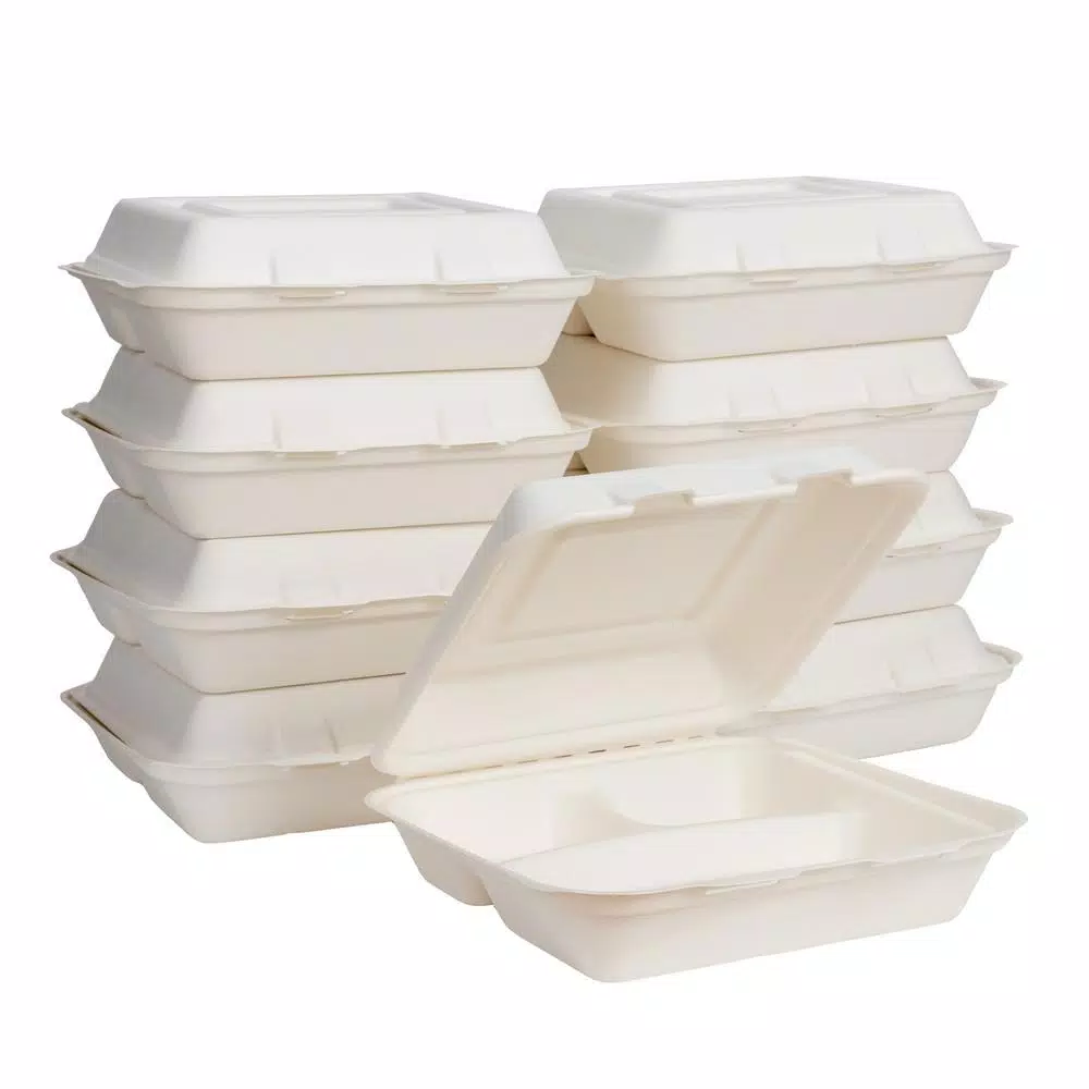 Unbranded 10 in. White Sugarcane 3-Compartment Clamshell Containers, Biodegradable Sectional Food Trays (300 Pack)