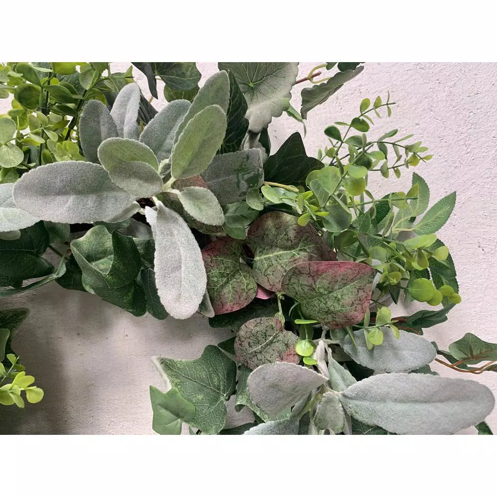 Glitzhome 26 in. Artificial Greenery Wreath with Lambs Ear, Eucalyptus, and Ivy Foliage