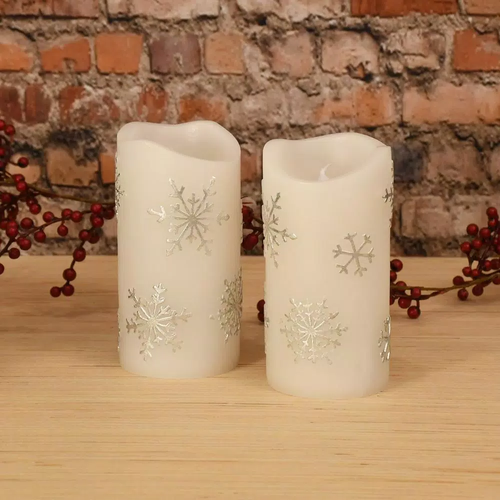 LUMABASE 6 in. Silver Snowflake Flameless LED Pillar Candles, Set of 2