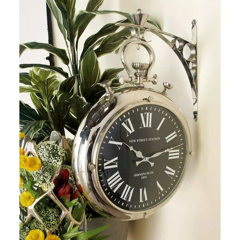LITTON LANE 22 in. x 16 in. Vintage Pocket-Watch-Style Suspended Wall Clock, Silver Finish