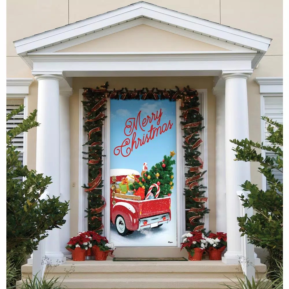 My Door Decor Red Truck Christmas Front Door Mural Banner, 36 in. x 80 in.