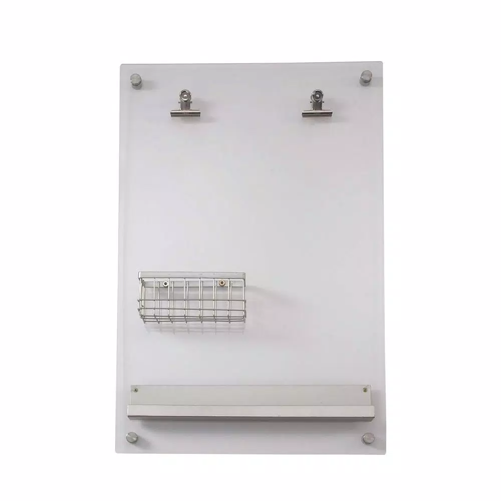 LITTON LANE Silver Acrylic Memo Board with Wire Basket and Pen Holder - Modern Wall Mounted Organizer