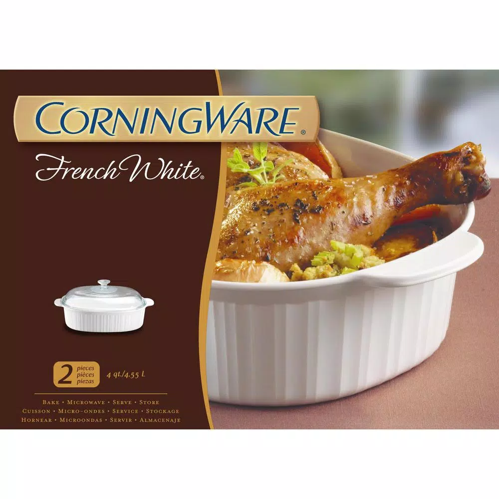 CorningWare 4-Qt Oval Ceramic Casserole Dish with Glass Lid, French White