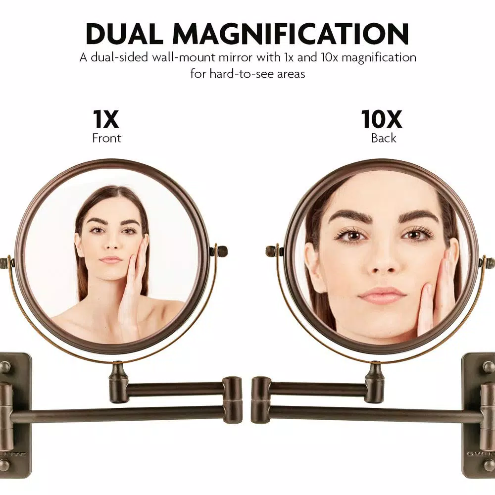 Ovente Wall Mounted Dual-Sided Makeup Mirror, 1x/10x Magnification, Antique Bronze