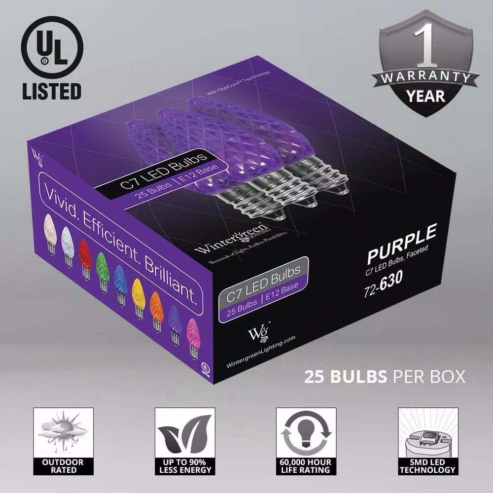 Wintergreen Lighting OptiCore C7 LED Purple Faceted Replacement Light Bulbs, 25-Pack