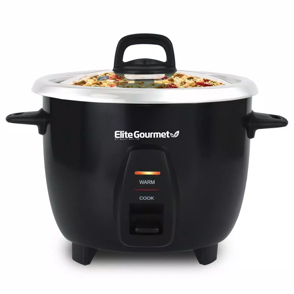 Elite Gourmet 10-Cup Deluxe Rice Cooker with Steam Tray and Stainless Steel Inner Pot, Black