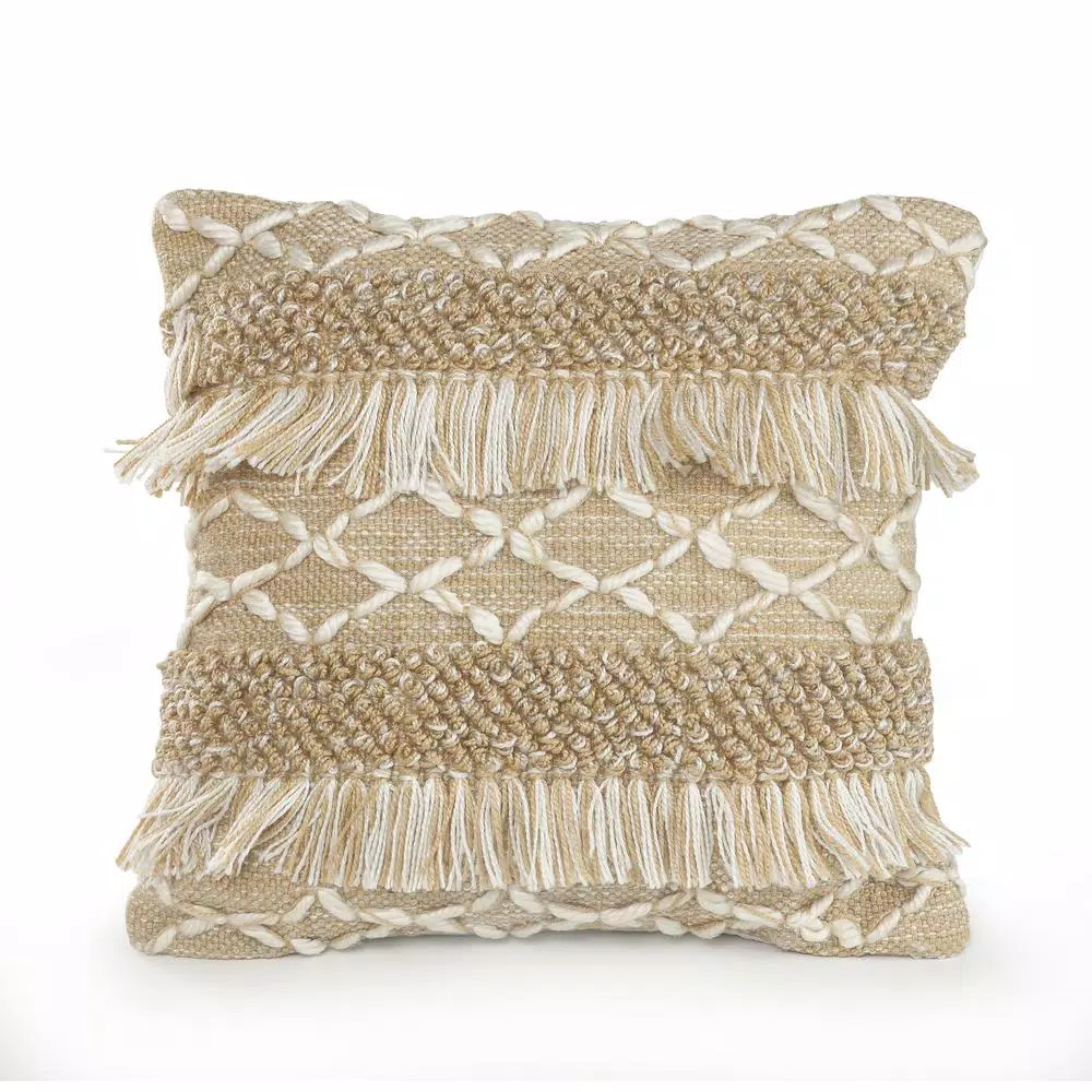 LR Home 20 in. x 20 in. Rustic Beige and White Geometric Fringe Throw Pillow