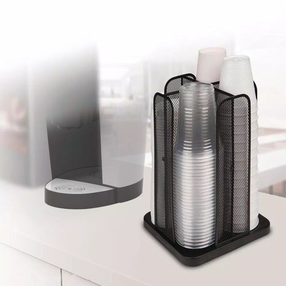 Mind Reader Rotating Cup and Lid Carousel Organizer, Black Metal Mesh Dispenser