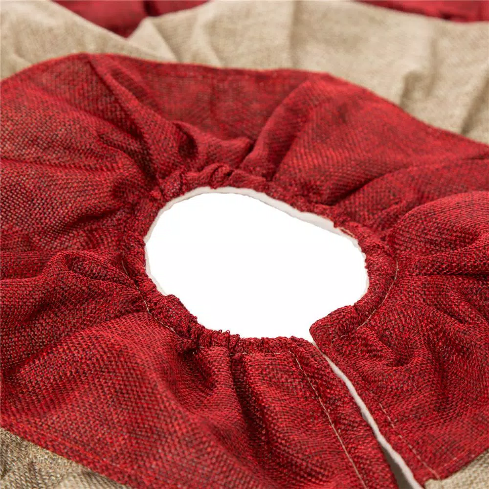 Glitzhome 48 in. Faux Burlap Christmas Tree Skirt - Red and Brown Striped Holiday Decor