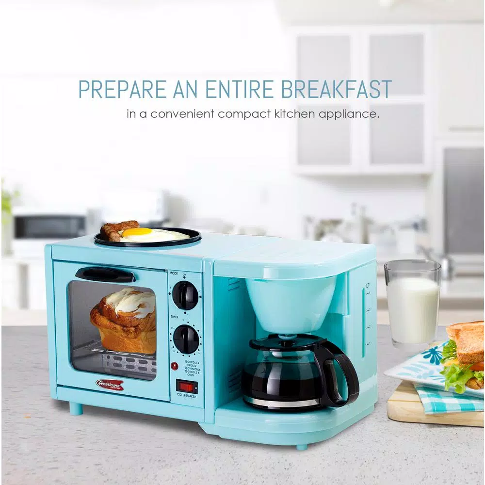Elite Americana by Elite 3-in-1 Mini Breakfast Shoppe - 500W Toaster Oven, 4-Cup Coffee Maker & 6 in. Griddle, Blue