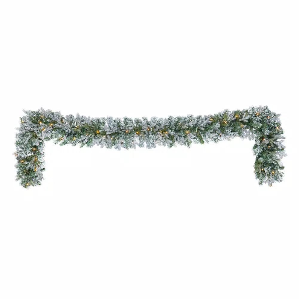 Home Accents Holiday 9 ft. Pre-Lit Flocked Frasier Fir LED Garland with Timer