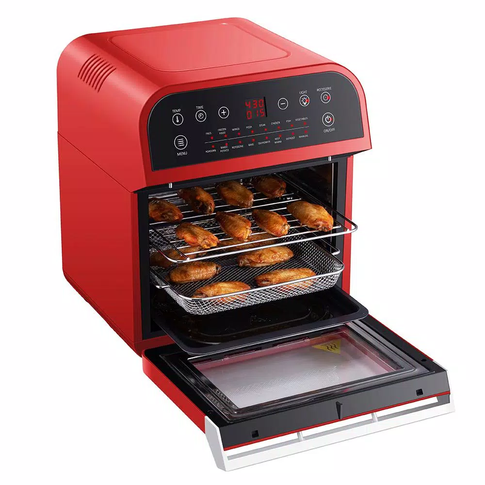 GoWISE USA 1600W Red Air Fryer Oven with Rotisserie, 12.7 Qt. Electric Programmable Countertop Oven