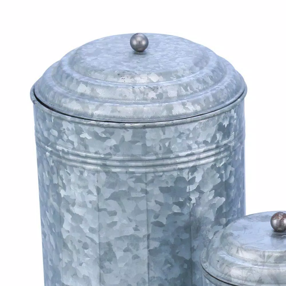 Benzara 3-Piece Rustic Galvanized Metal Kitchen Canisters Set - Distressed Gray Farmhouse Storage Jars