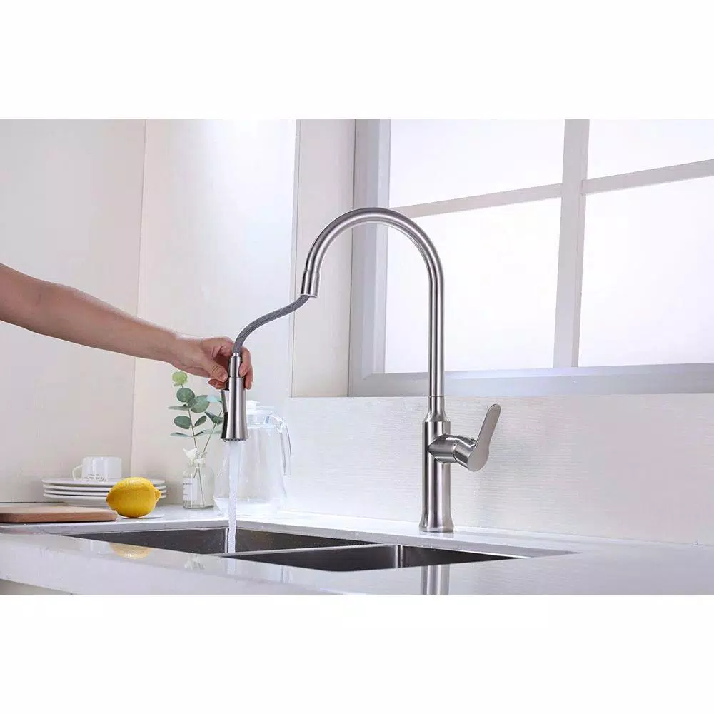 Vanity Art Brushed Nickel Single-Handle Pull-Down Kitchen Faucet with Sprayer Wand