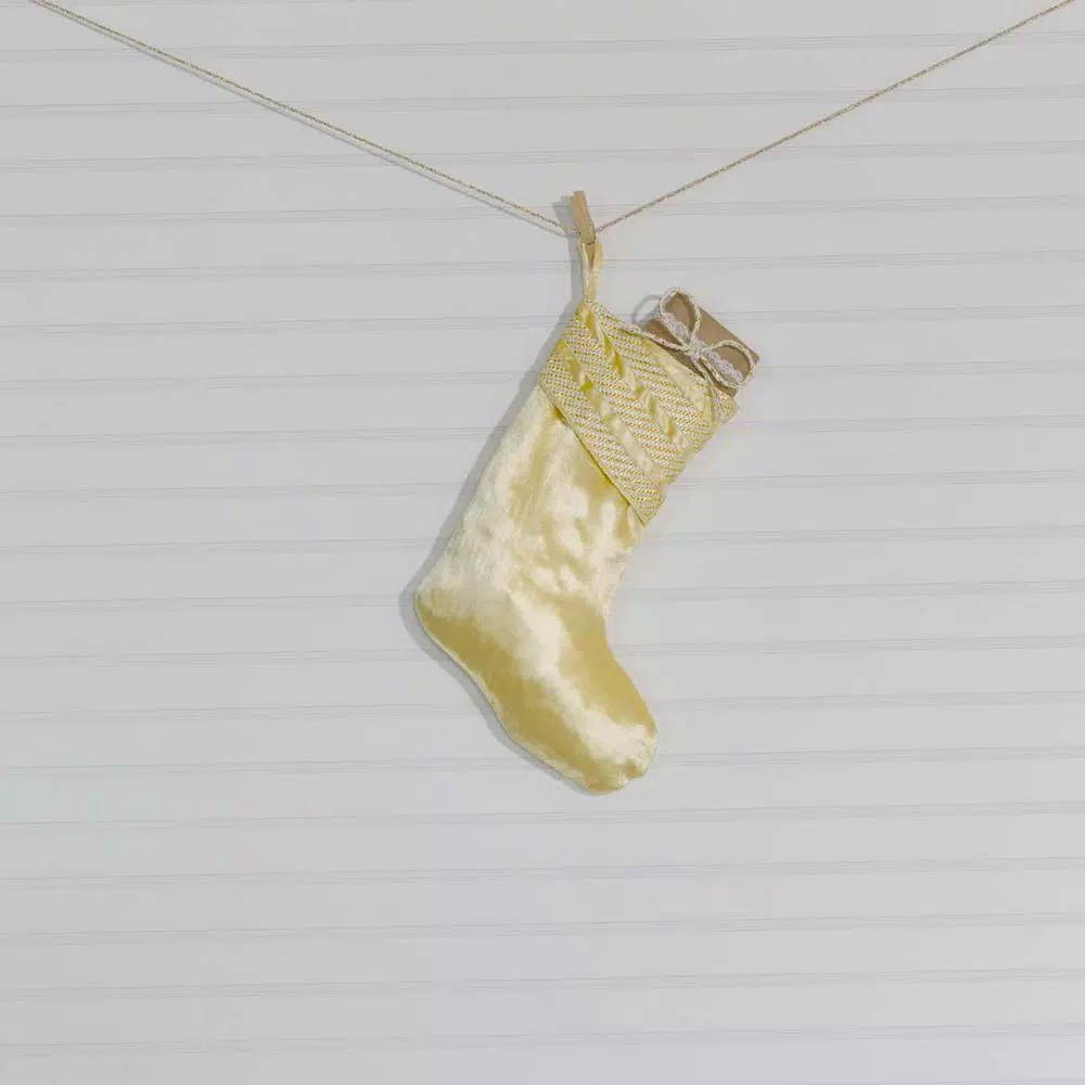 VHC Brands 15 in. Creme Memories Glam Christmas Stocking with Gold and Ivory Ribbon Embellishment
