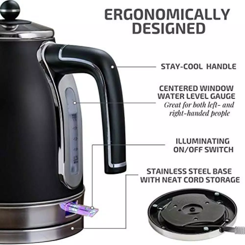Ovente KS777 1.7L Black Stainless Steel Electric Kettle, 1500W Fast Boil with Auto Shut-Off