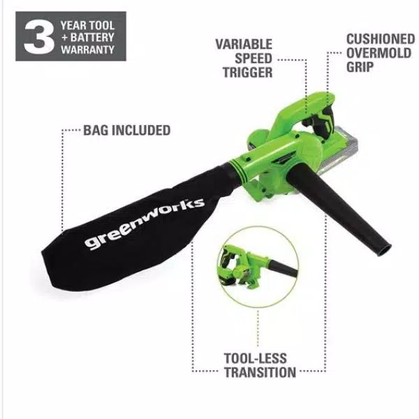 Greenworks 24V Cordless Handheld Blower and Vacuum Kit with 2.0 Ah USB Battery and Charger