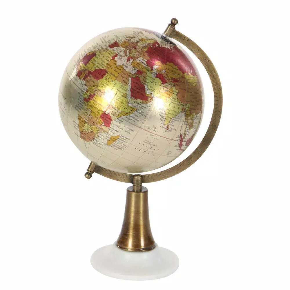 LITTON LANE Modern Reflections 15 in. Decorative Globe with Bronze Iron Axis and White Marble Base