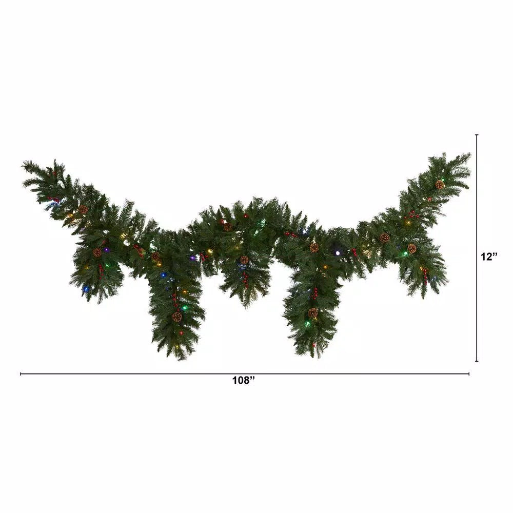 Nearly Natural 9 ft. Artificial Icicle Christmas Garland with 50 Multi-Color LED Lights, Berries and Pine Cones