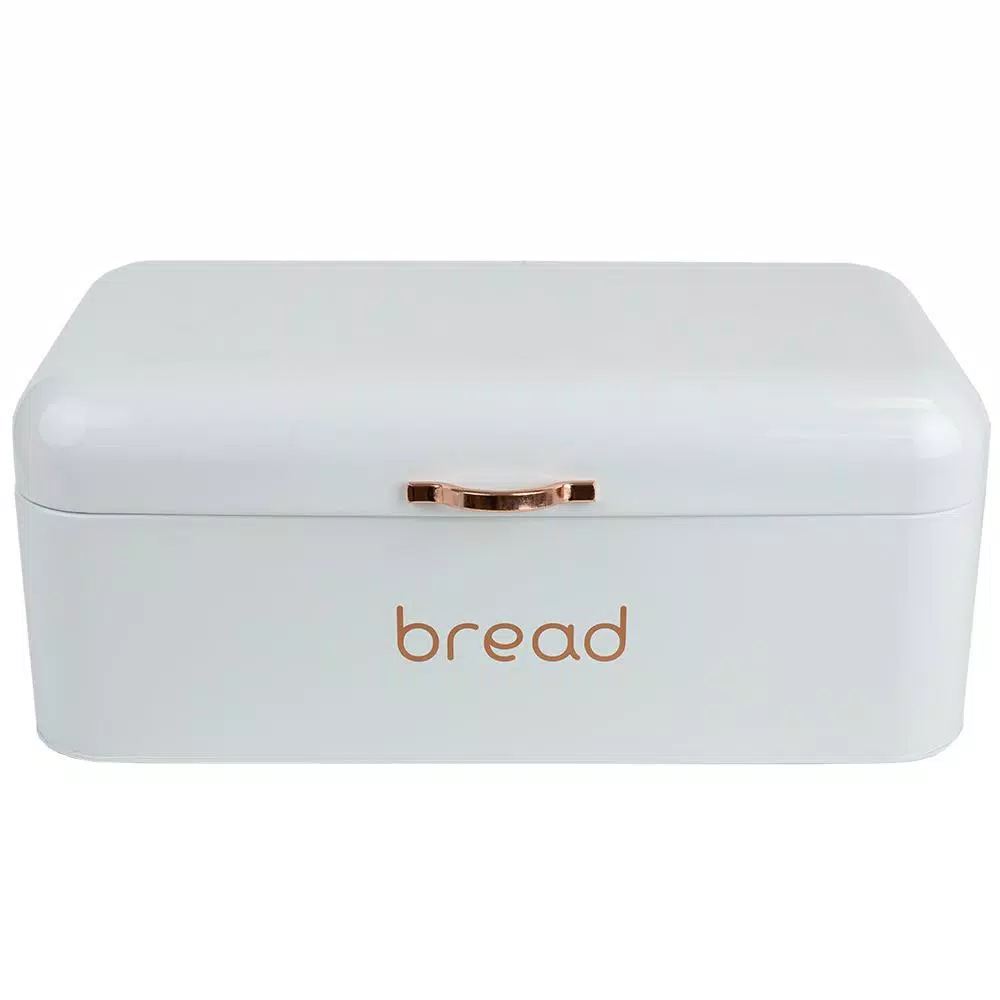Home Basics White Grove Modern Bread Box with Rose Gold Handle - Stainless Steel Kitchen Storage
