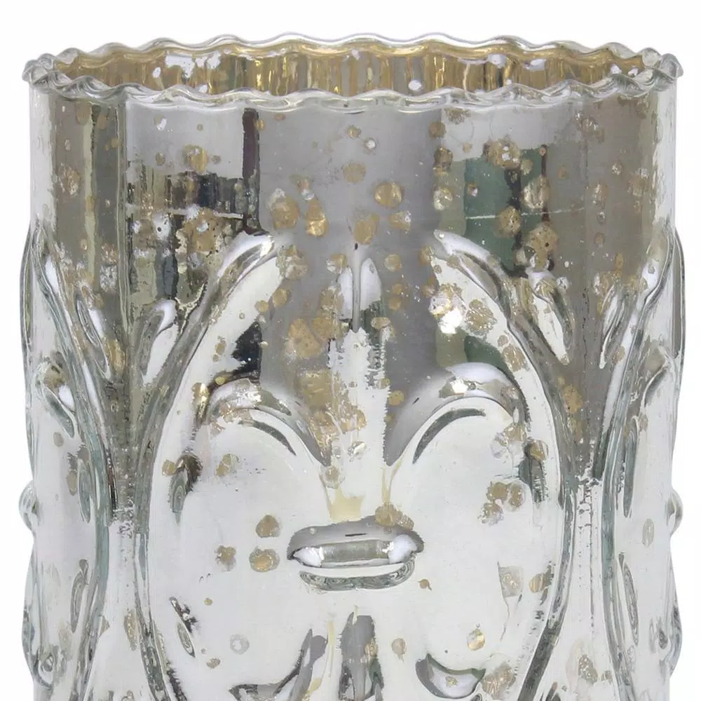 Stonebriar Collection 6.5 in. Antique Silver Mercury Glass Fleur De Lis Pillar Candle Holder
