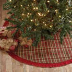 VHC Brands Claren 48 in. Cherry Red Rustic Plaid Christmas Tree Skirt with Gold Metallic Thread thumbnail 4