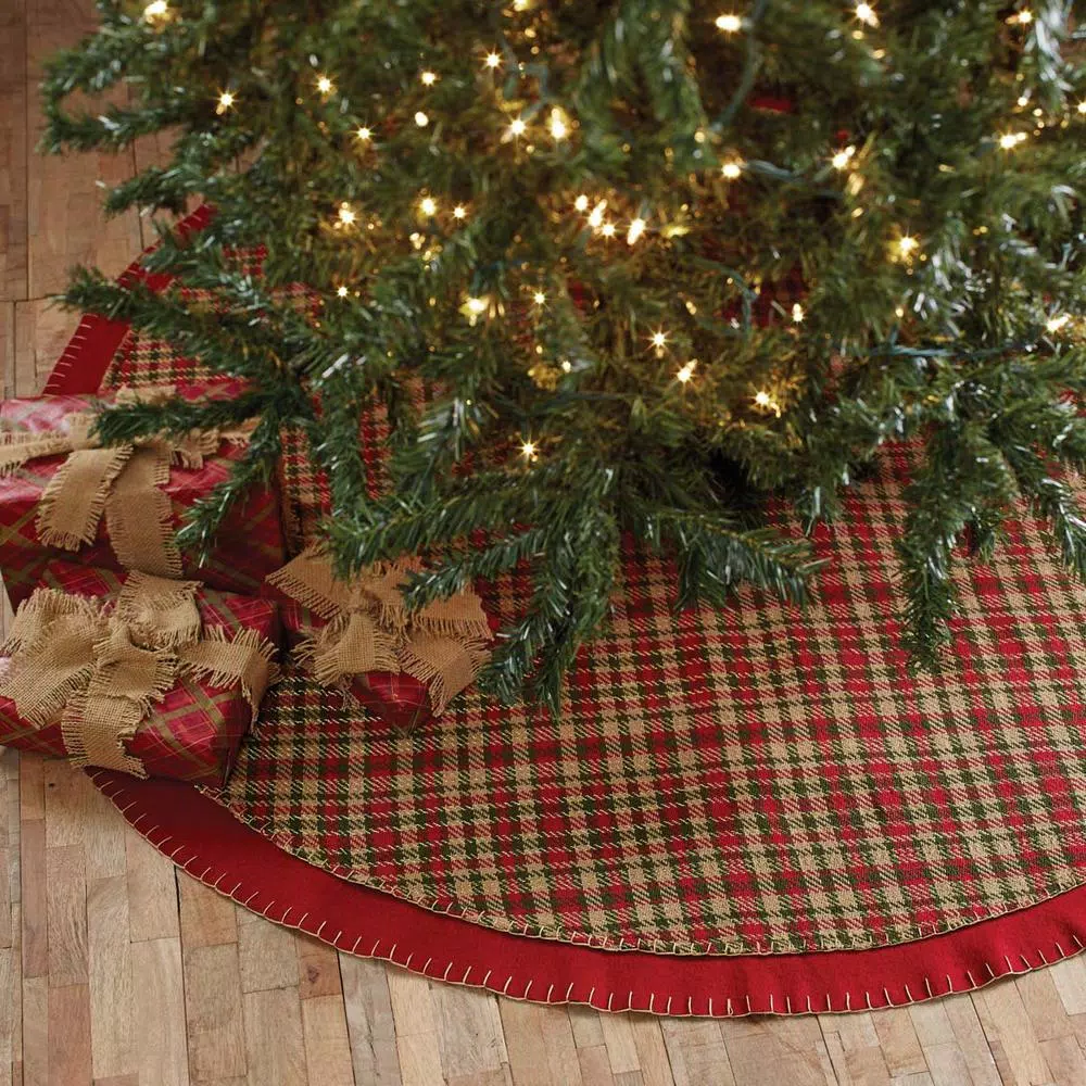 VHC Brands Claren 48 in. Cherry Red Rustic Plaid Christmas Tree Skirt with Gold Metallic Thread