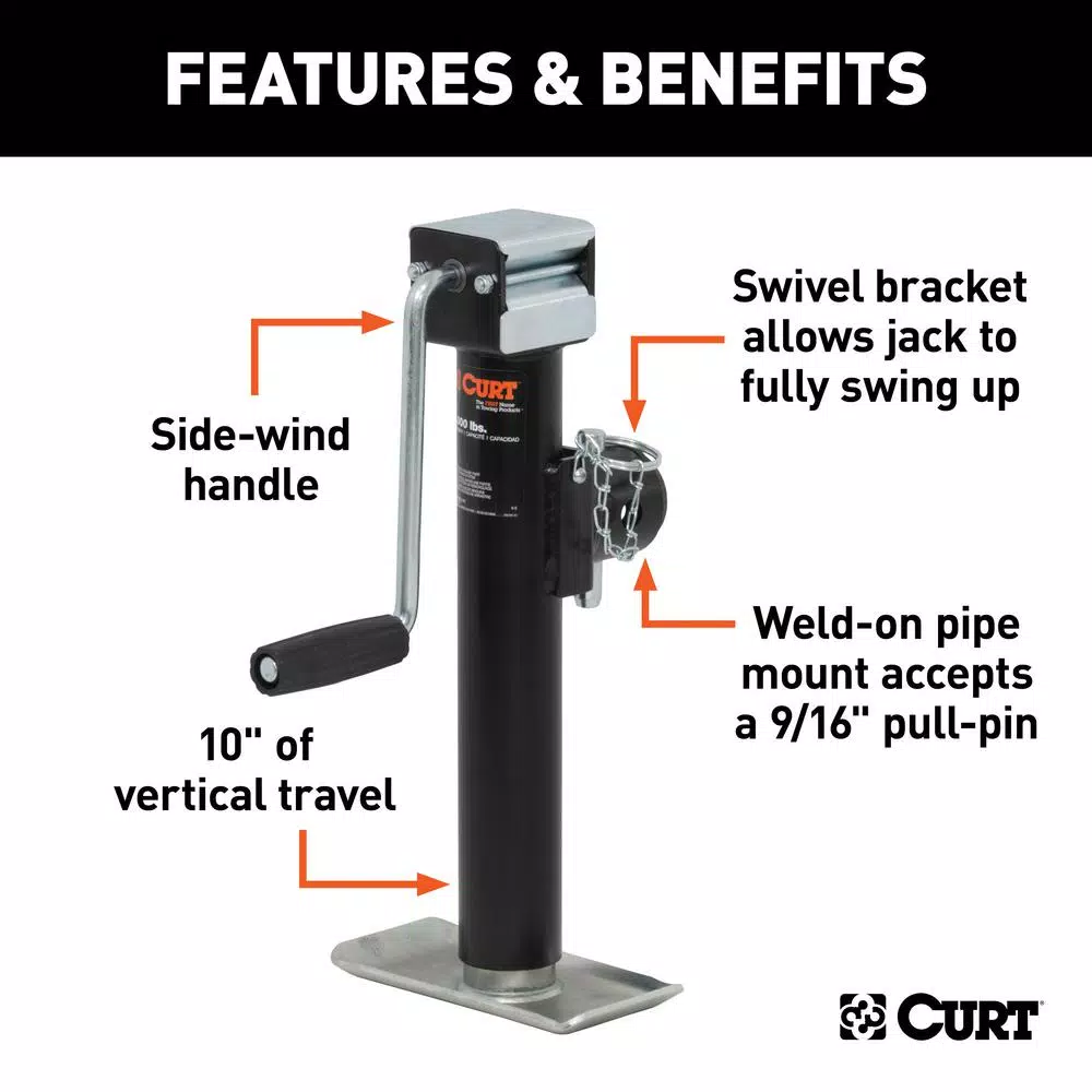 CURT Pipe-Mount Swivel Trailer Jack with Side Handle, 5,000 lbs. Capacity, 10 in. Travel