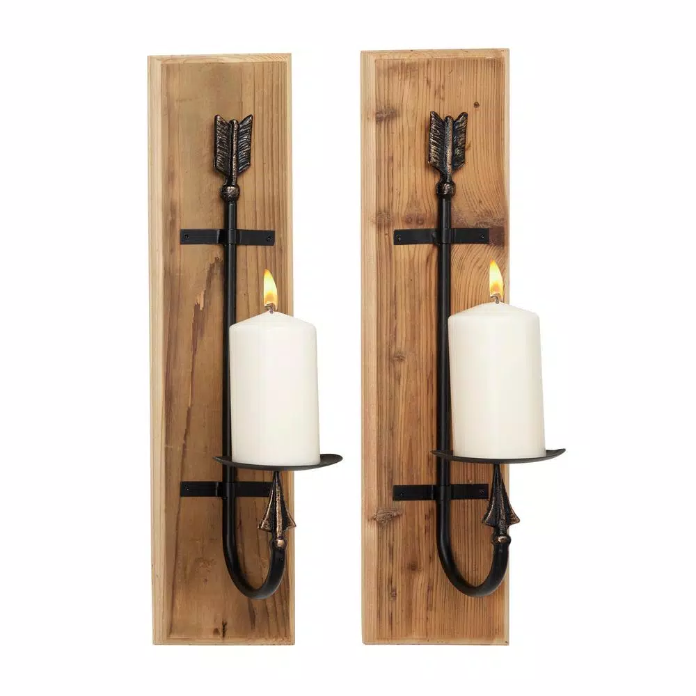 LITTON LANE Industrial Black Metal and Natural Wood Arrow Wall Sconces, Set of 2