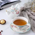 MALACASA Elegant Porcelain Tea Set for One - 3 Piece Teapot, Teacup and Saucer Set, White with Pattern thumbnail 5