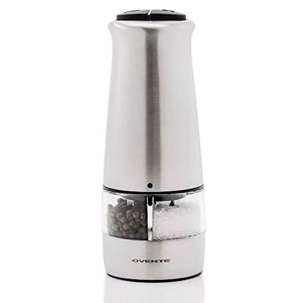 Ovente 2-in-1 Electric Salt and Pepper Grinder, Stainless Steel Silver, Battery Operated
