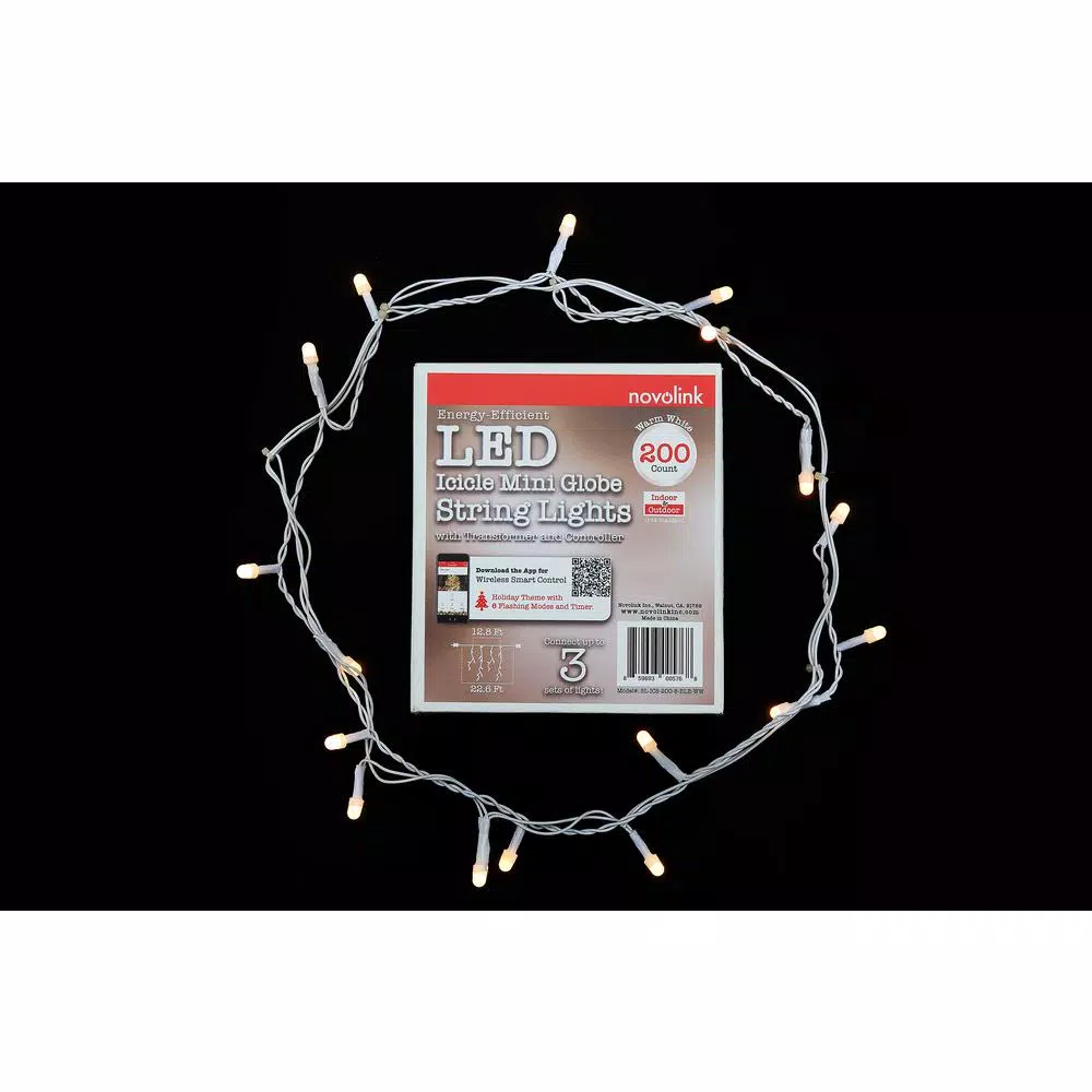 Novolink 200 LED Mini Globe Warm White Icicle String Lights with Wireless Smart App Control