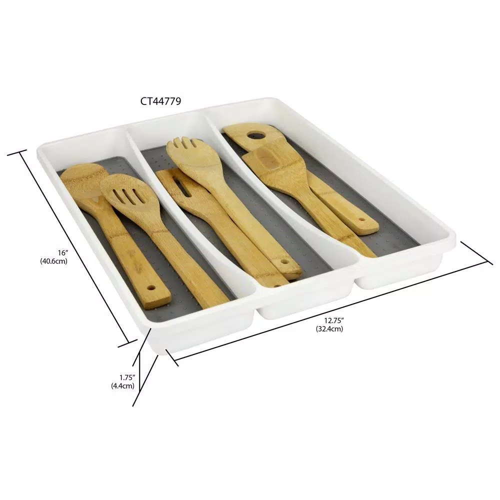 Unbranded White Large Utensil Tray with Rubber Liner, 3 Compartment Cutlery Organizer