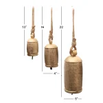 Benzara Gold 3-Piece Metal Animal Harmony Bell Set with Floral Embossed Design and Hanging Rope thumbnail 5