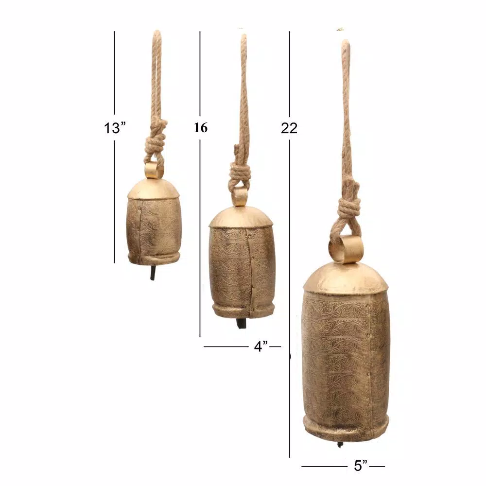 Benzara Gold 3-Piece Metal Animal Harmony Bell Set with Floral Embossed Design and Hanging Rope