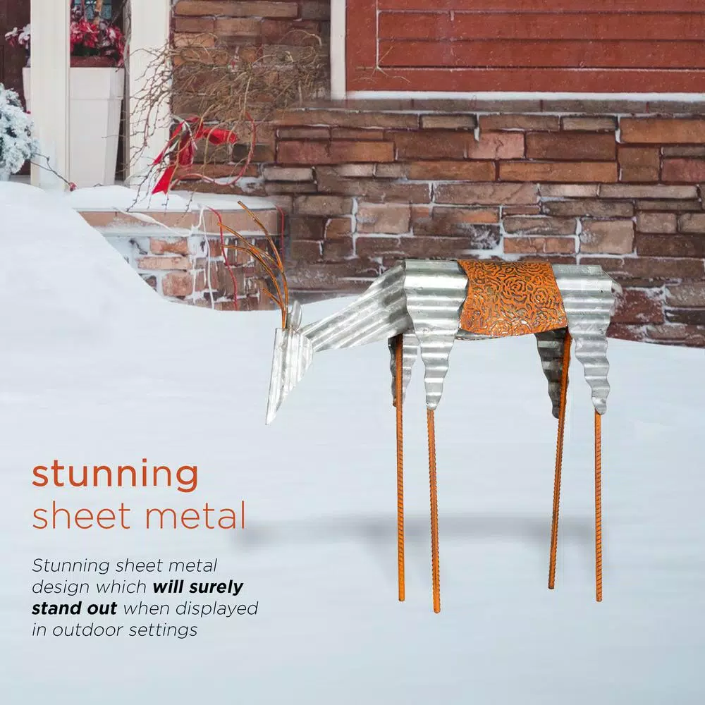 Alpine Corporation 20 in. Metal Rustic Grazing Reindeer Christmas Outdoor Sculpture
