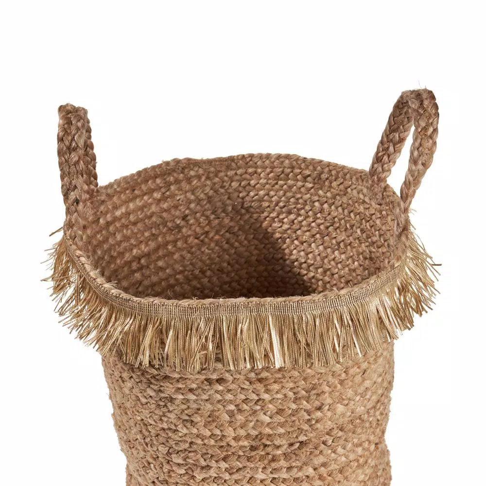 LR Home Claine Braided Jute Decorative Storage Basket with Fringe Rim and Handles