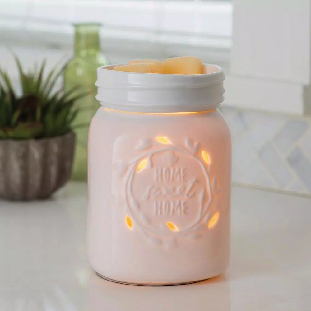 Candle Warmers Etc 8.8 in. White Mason Jar Porcelain Fragrance Warmer with 'Home Sweet Home' Design