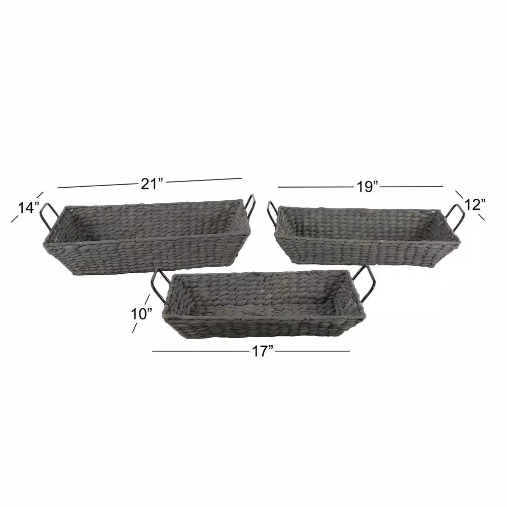 LITTON LANE Soft Gray Water Hyacinth and Seagrass Wicker Decorative Tray Set of 3 with Handles
