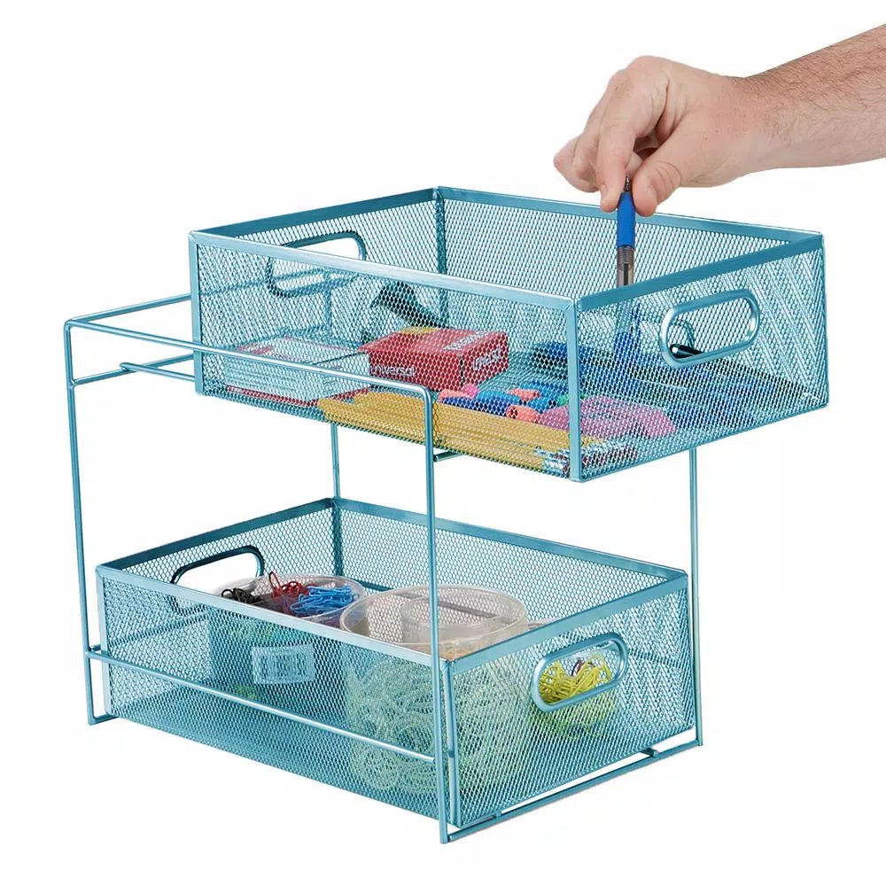 MIND READER 2-Tier Metal Mesh Utensil Caddy & Organizer, Turquoise