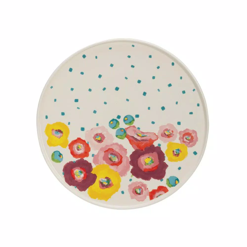 3R Studios White Stoneware Single-Tier Cake Stand with Multicolor Floral Design