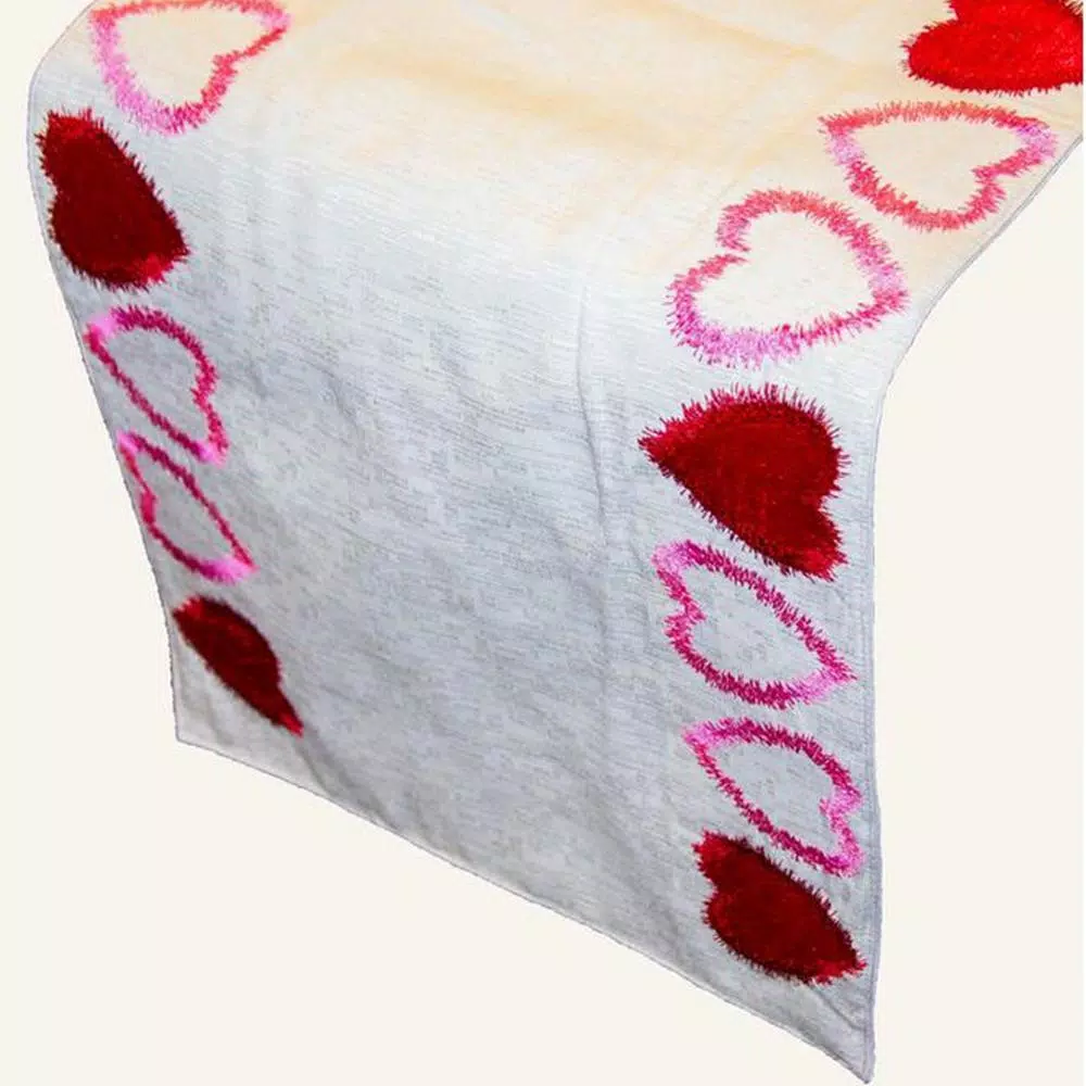 Lintex Linen Radiant Heart Cotton and Poly Table Runner, Cream with Multi-Colored Hearts