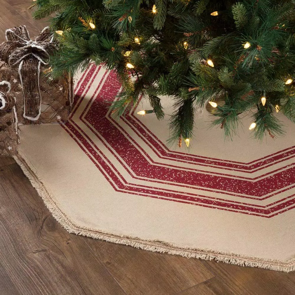 VHC Brands 55 in. Red Vintage Burlap Stripe Farmhouse Christmas Tree Skirt