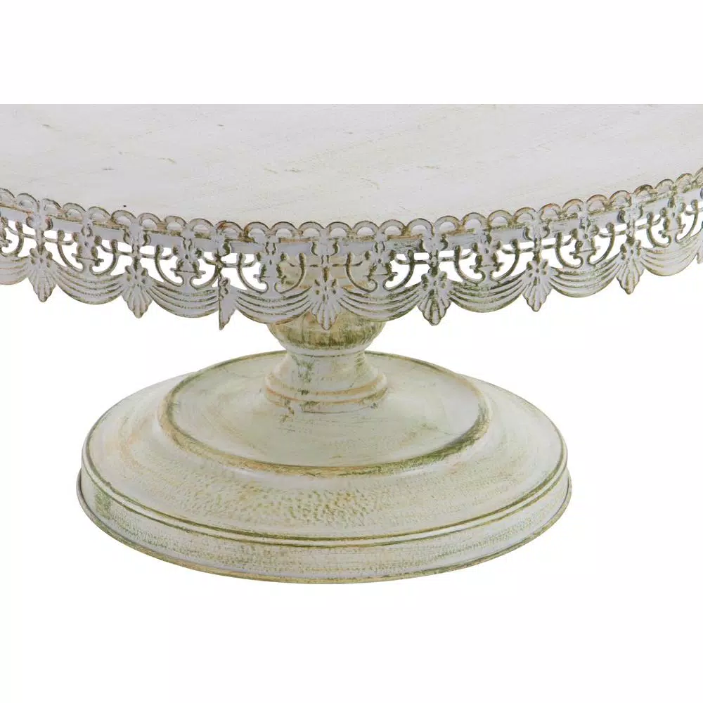 LITTON LANE 22 in. Round Iron Cake Stand with Floral Bunting Overhang, Whitewashed & Rust Brown