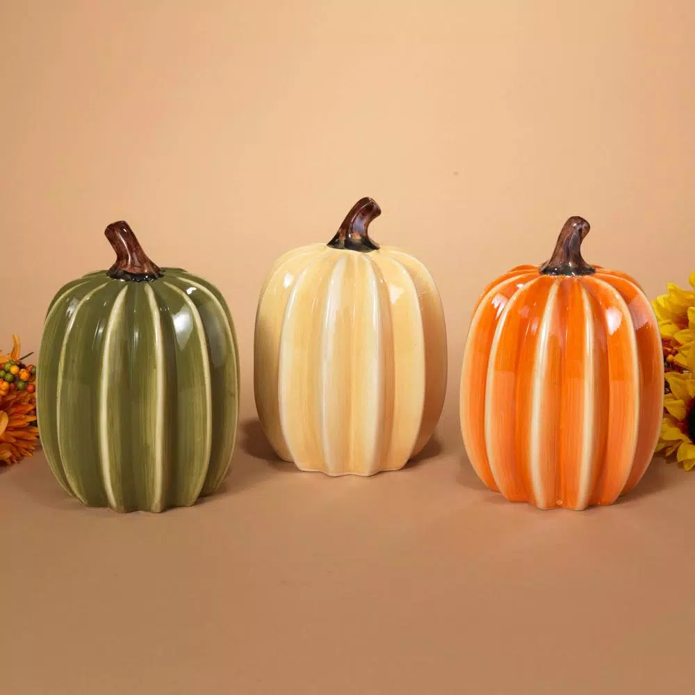 Gerson Assorted 8 in. Ribbed Dolomite Ceramic Harvest Pumpkins, Set of 3