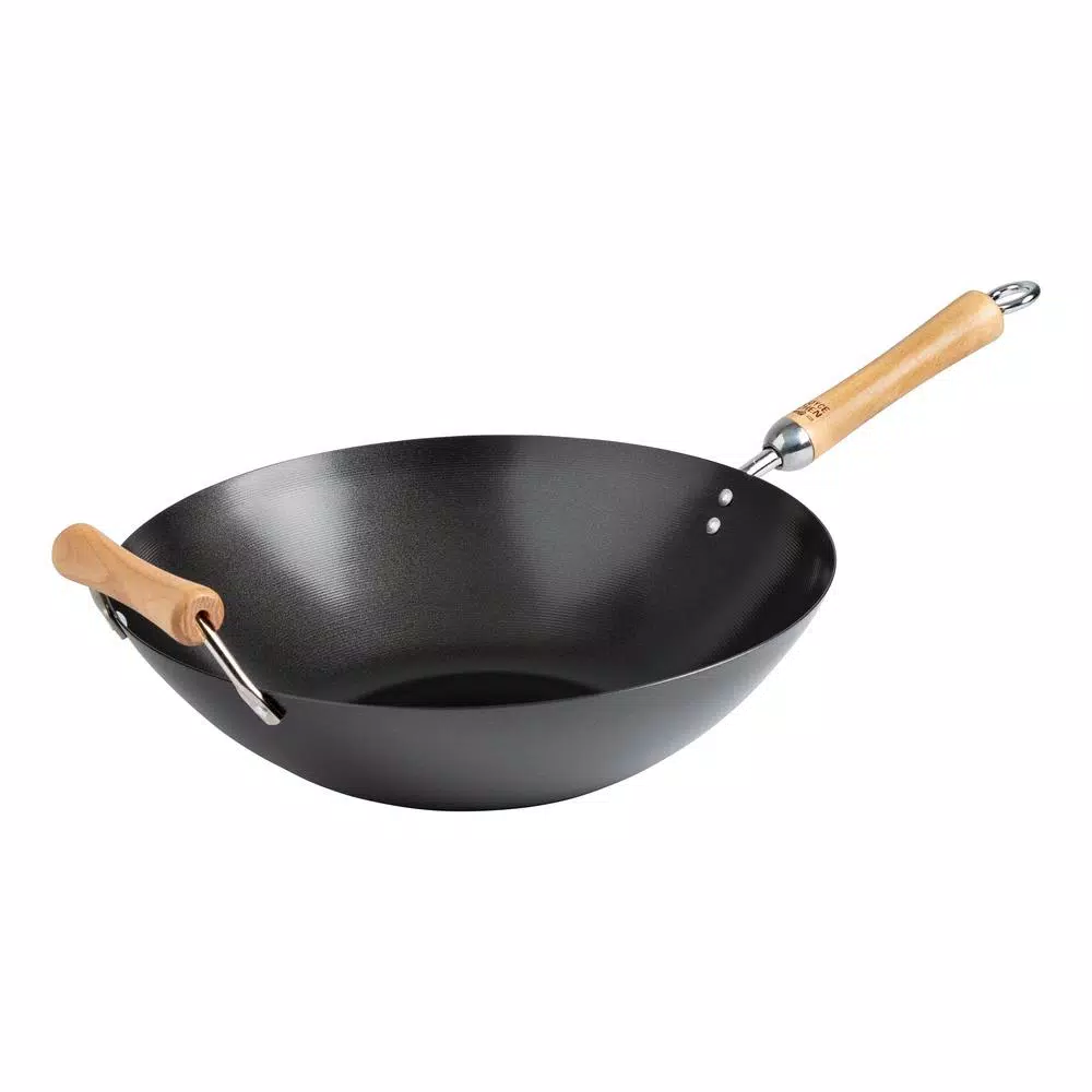 Honey-Can-Do Joyce Chen 4-Piece Carbon Steel Non-Stick Wok Set with High Dome Lid, Bamboo Spatula, and Recipe Booklet